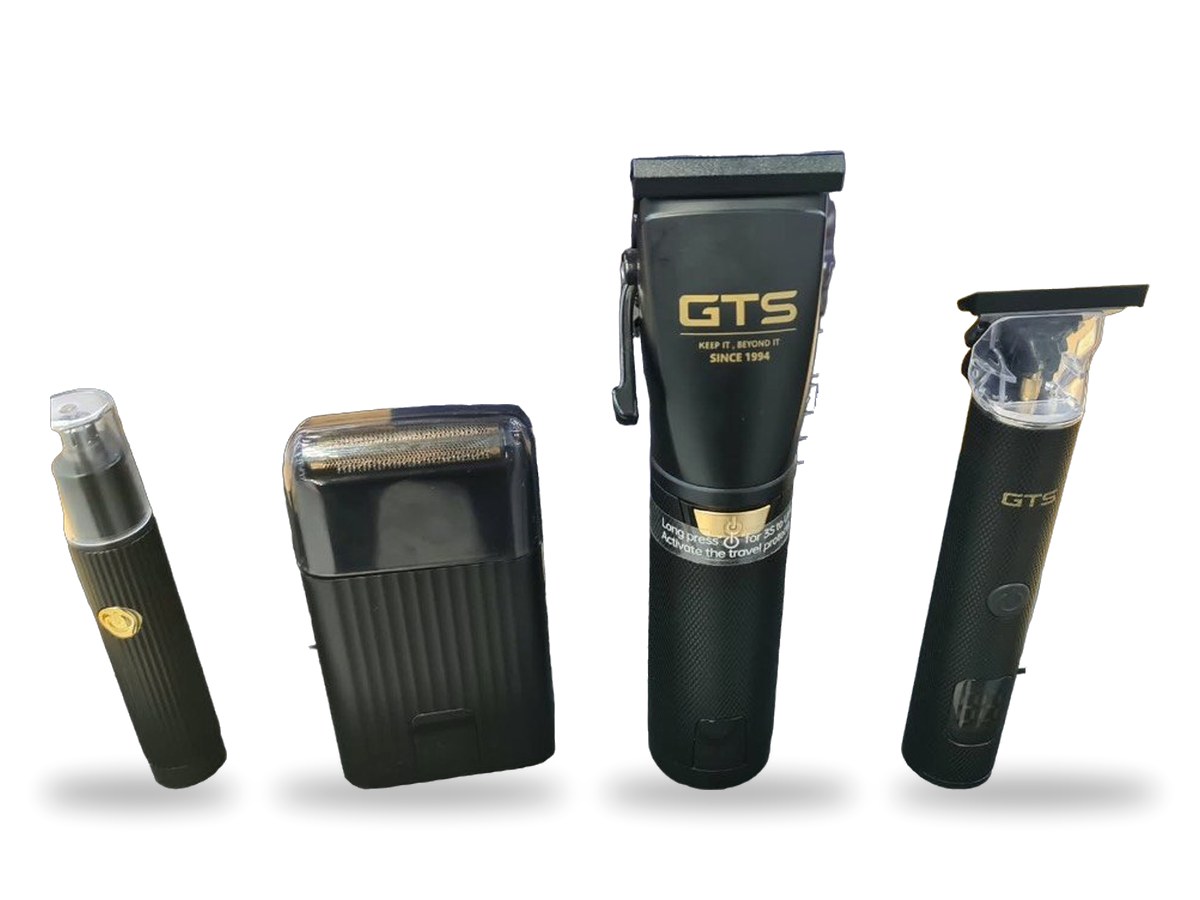GTS 4-piece barber starter kit: cordless clipper, T-blade trimmer, foil shaver and nose trimmer